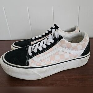 VANS Lace Up Unisex Pink & White Checked Canvas & Black Suede Sneakers
